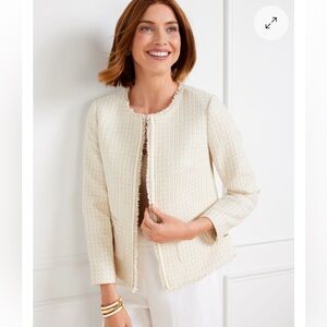 TALBOTS Park Tweed Blazer Lady Jacket Cream Gold Frayed Edges Pockets Sz 16